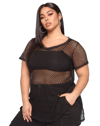 Women Short Sleeve Black Mesh Loose Plus Size Top XL-5XL