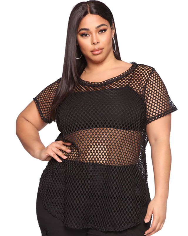 Women Short Sleeve Black Mesh Loose Plus Size Top XL-5XL