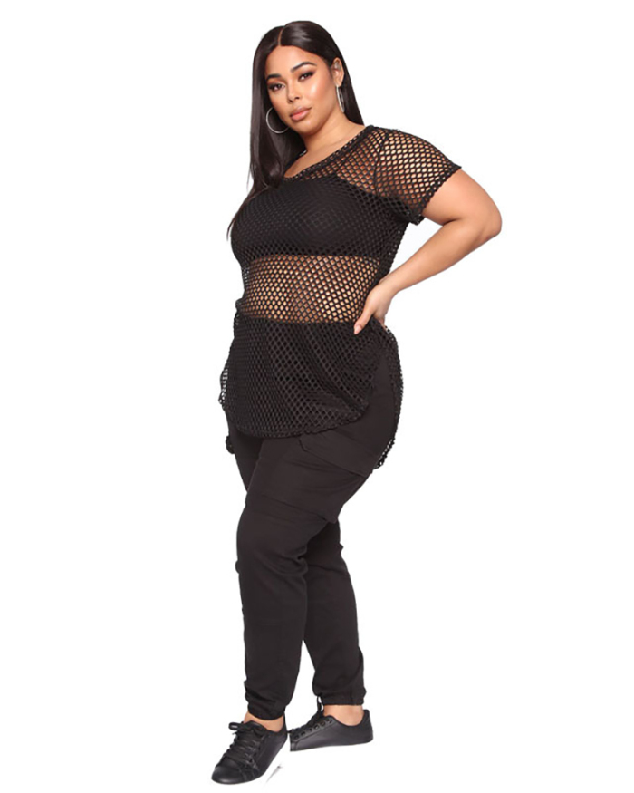 Women Short Sleeve Black Mesh Loose Plus Size Top XL-5XL