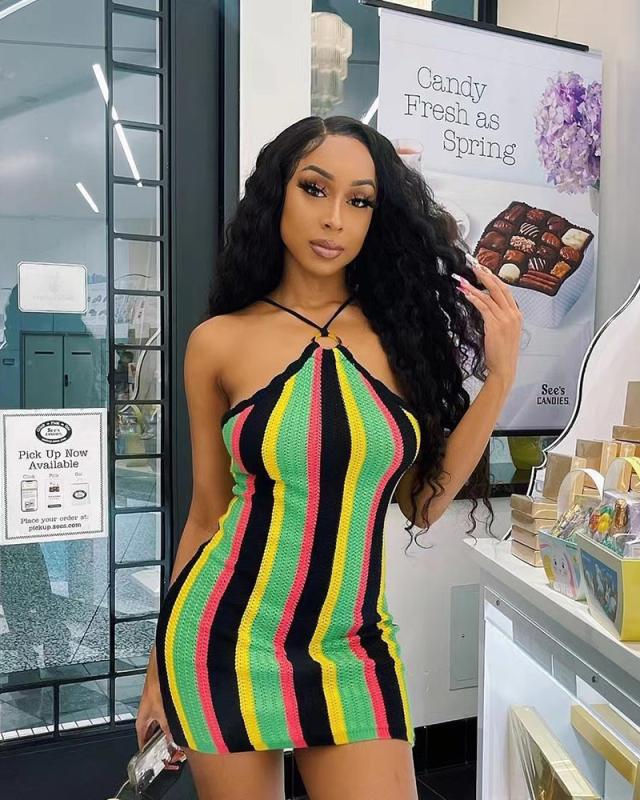 Women Casual Sleeveless Colorful Striped Mini Dresses Red Green S-2XL