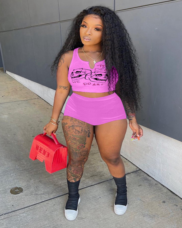 Cute White Printed Women Sporty Two Piece Set S-2XL