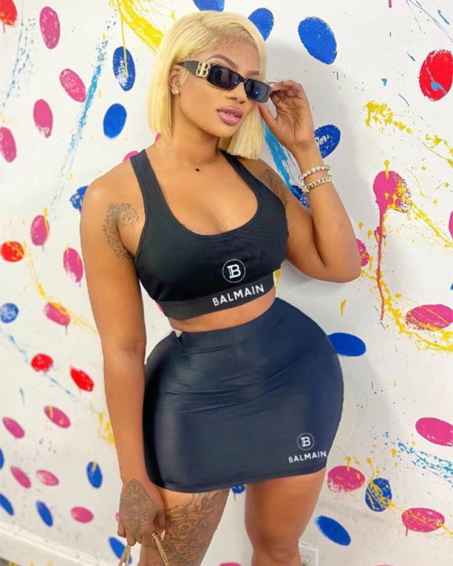 Letter Printed Black Summer Two Piece Skirt Set