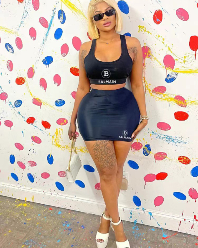 Letter Printed Black Summer Two Piece Skirt Set
