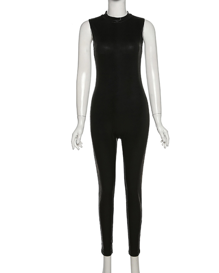 Women High Waist Solid Color Summer Sleeveless PU Jumpsuit Black S-L