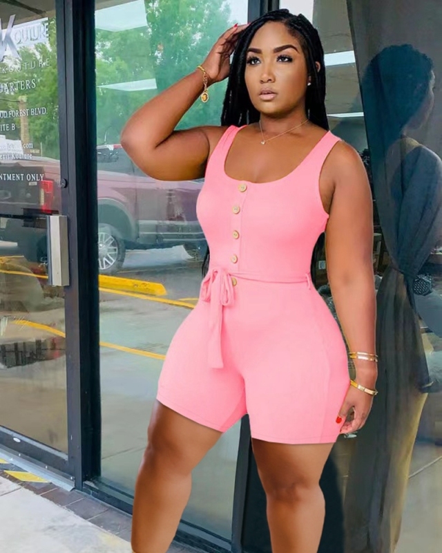 Women Fashion Sleeveless Solid Color Rompers Black Yellow Orange Pink S-3XL