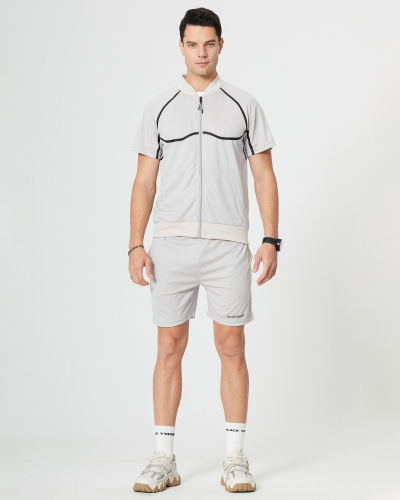 Fashion Sports Zipper Short Sleeve T-shirt Men's Two-piece Sets Gray Black S-2XL