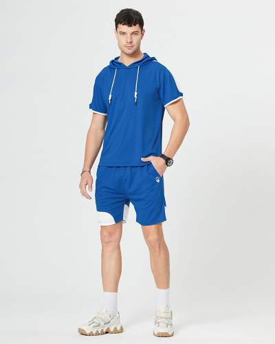 Summer New Hoodies Sports Colorblock Two Pieces Sets White Green Blue S-2XL