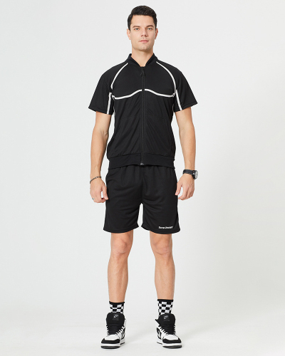 Fashion Sports Zipper Short Sleeve T-shirt Men's Two-piece Sets Gray Black S-2XL