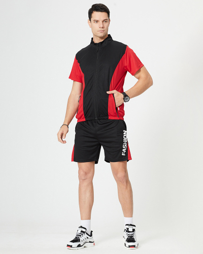 Outdoor Sports Short Sleeve Zipper Top Men's Shorts Sets Gray Black S-2XL
