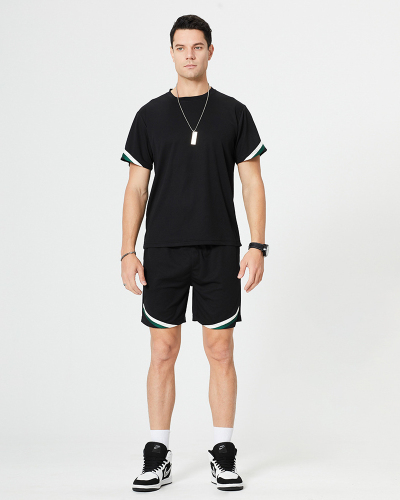 Popular Short Sleeve Casual Fitness Workout Two-piece Shorts Sets Green Black Light Khaki S-2XL