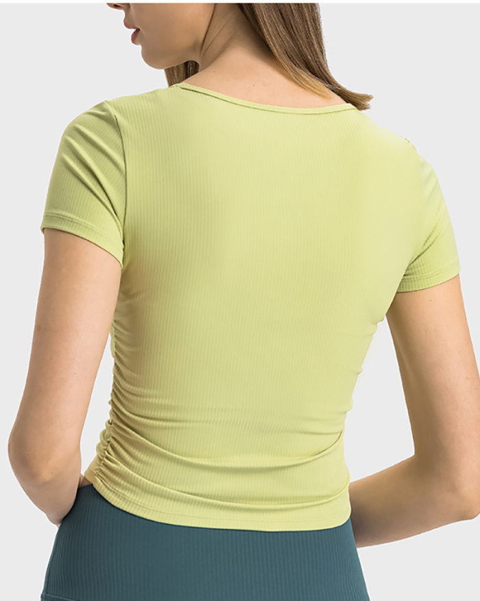 Women Solid Color Short Sleeve O Neck Pleated Slim High Elastic Sports Top 4-12