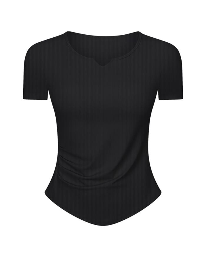 Women V-Neck Ruched Solid Color Short Sleeve Slim Yoga Tops 4-12