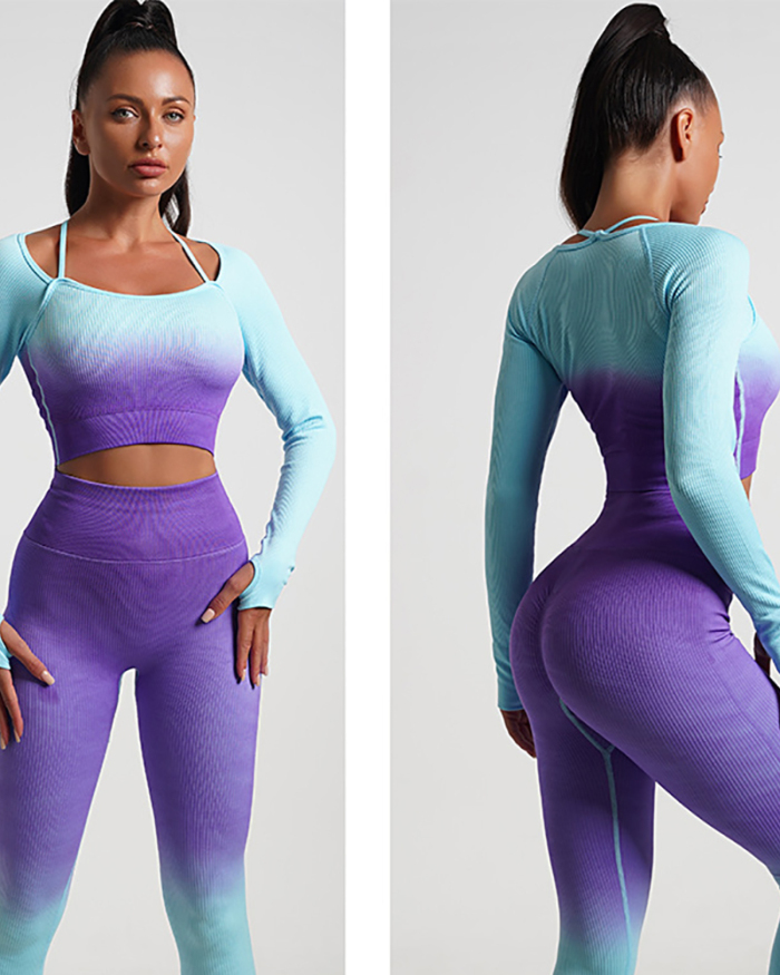 Women Long Sleeve Seamless Gradient Sports Yoga Two Piece Sets (With Pad) S-L