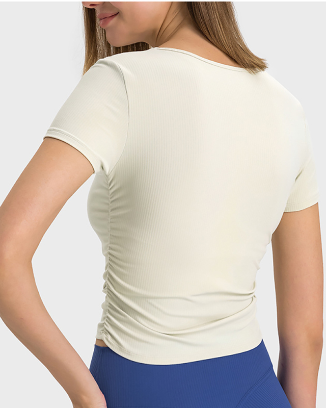 Women Solid Color Short Sleeve O Neck Pleated Slim High Elastic Sports Top 4-12