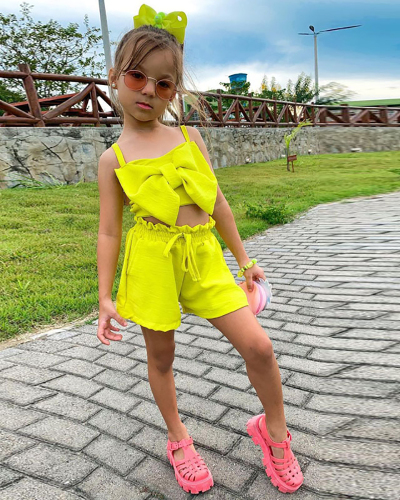 Yellow Cute Bow Two Piece Short Set