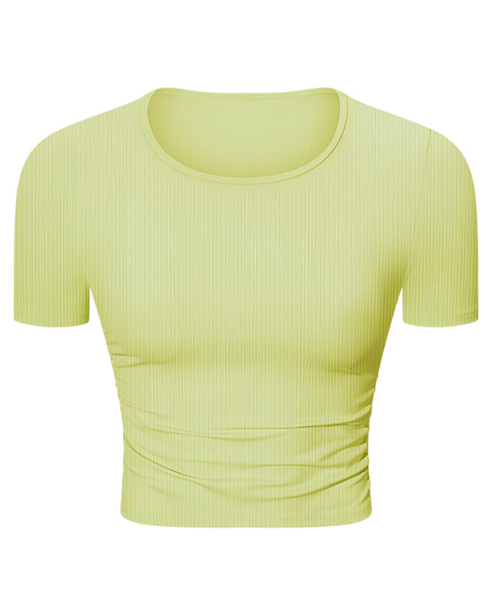 Women Solid Color Short Sleeve O Neck Pleated Slim High Elastic Sports Top 4-12