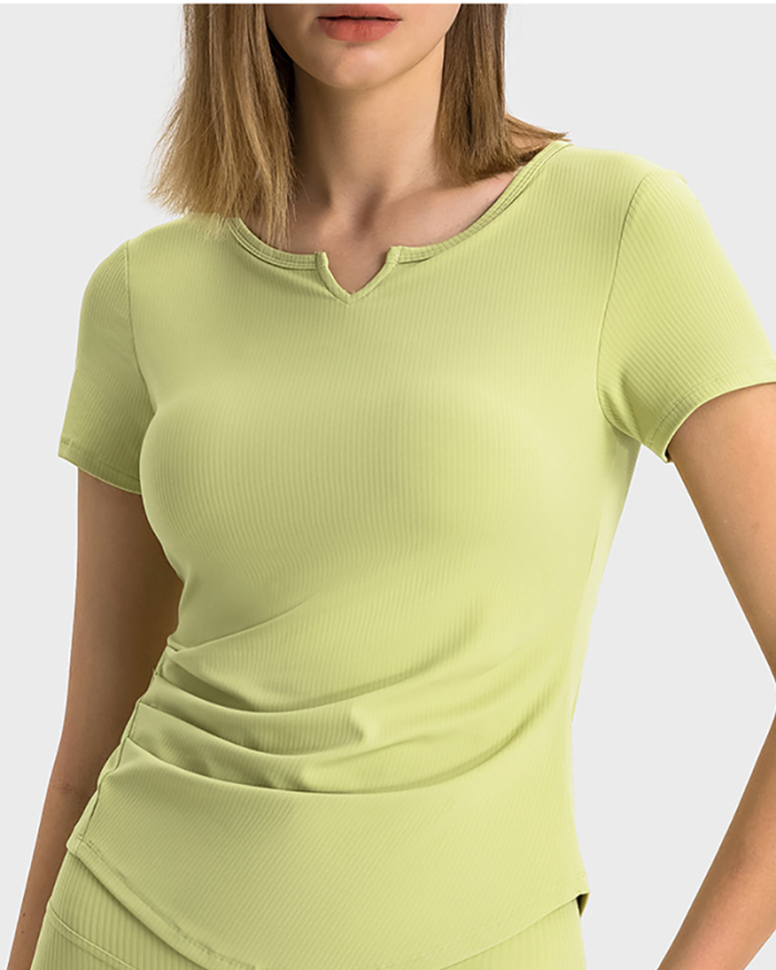 Women V-Neck Ruched Solid Color Short Sleeve Slim Yoga Tops 4-12