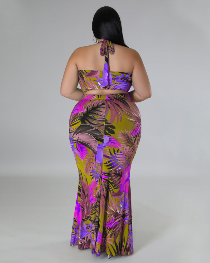 Women Halter Neck Printed Maxi Slim Skirt Sets Plus Size Two Piece Sets Purple Green Blue L-4XL
