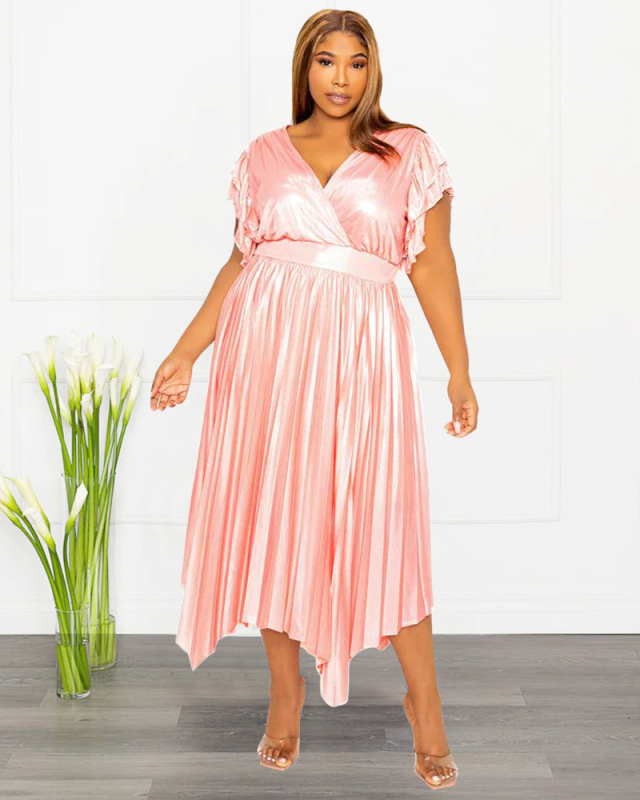 Summer V-neck Ruched Short Sleeve Imitation Silk Women Plus Size Dresses Pink Red Black Blue L-4XL