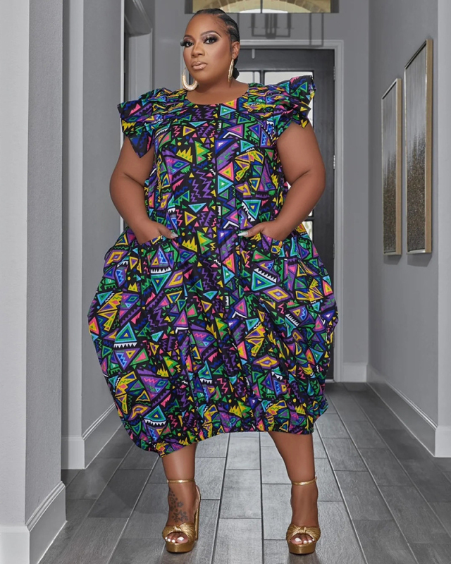Women Short Puff Sleeve Pocket Printed Plus Size Dresses Blue Red L-4XL