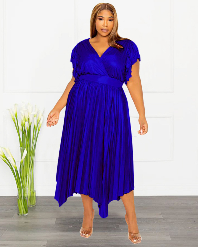 Summer V-neck Ruched Short Sleeve Imitation Silk Women Plus Size Dresses Pink Red Black Blue L-4XL