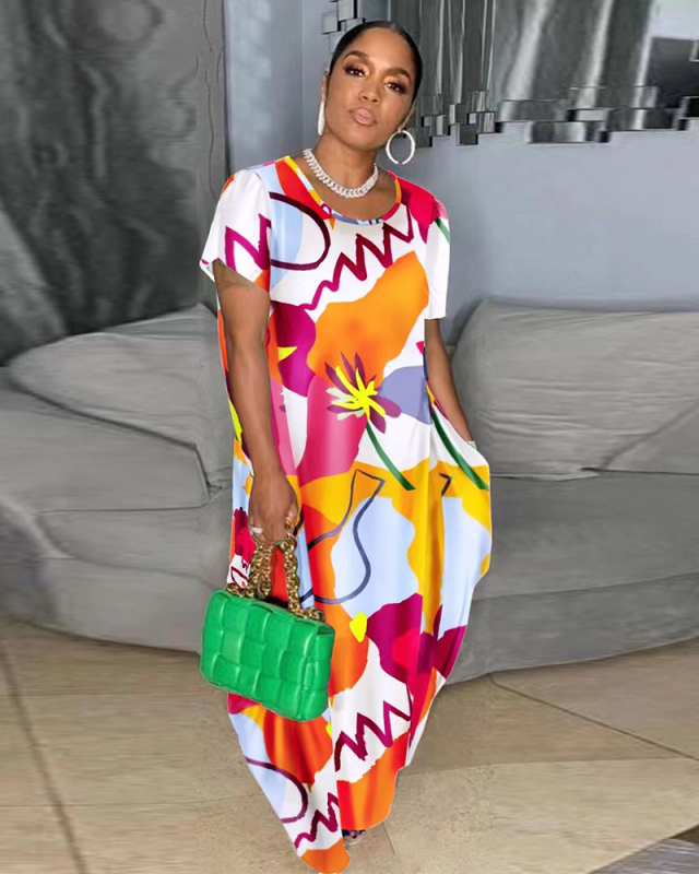 Fashion Printed Women O Neck Short Sleeve Plus Size Dresses Pink Red Black White Colorful Yellow M-3XL