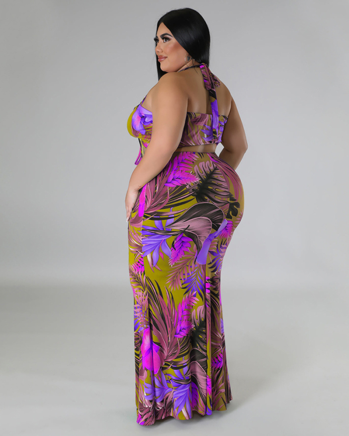 Women Halter Neck Printed Maxi Slim Skirt Sets Plus Size Two Piece Sets Purple Green Blue L-4XL