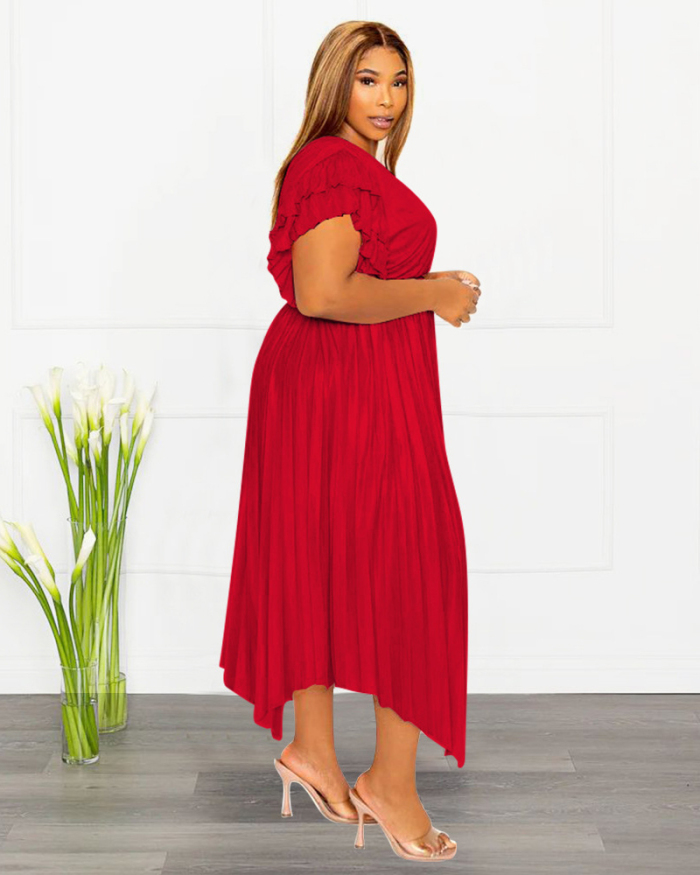 Summer V-neck Ruched Short Sleeve Imitation Silk Women Plus Size Dresses Pink Red Black Blue L-4XL