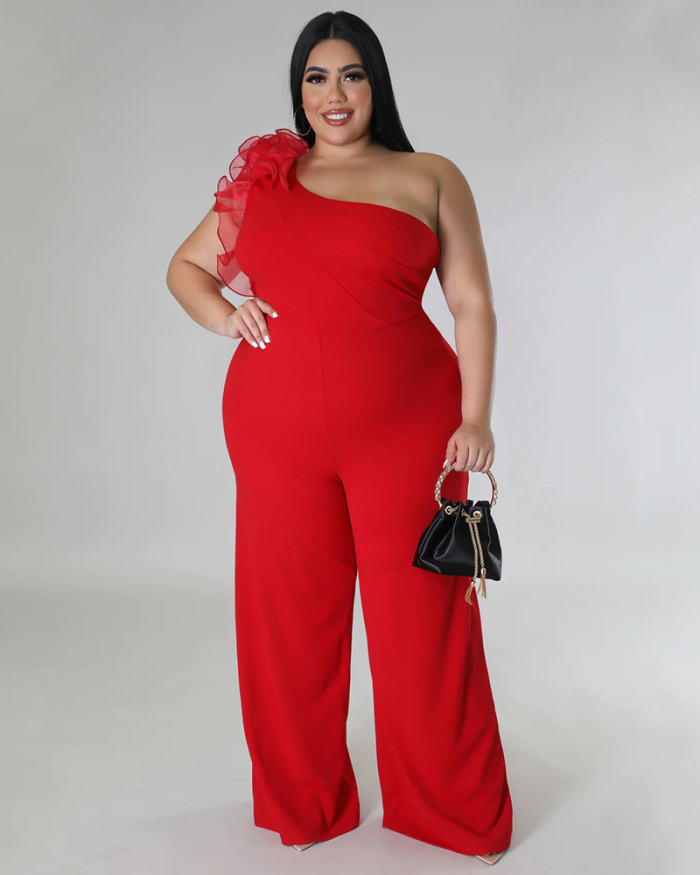 Fashion Women Mesh One Shoulder Wide Leg Solid Color Plus Size Jumpsuit Black White Red Blue L-4XL