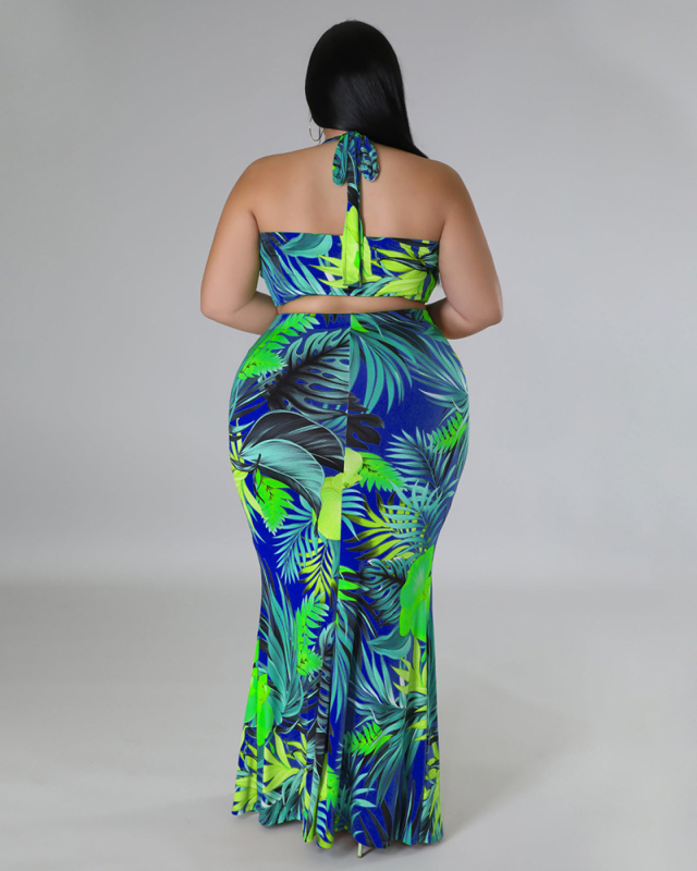Women Halter Neck Printed Maxi Slim Skirt Sets Plus Size Two Piece Sets Purple Green Blue L-4XL