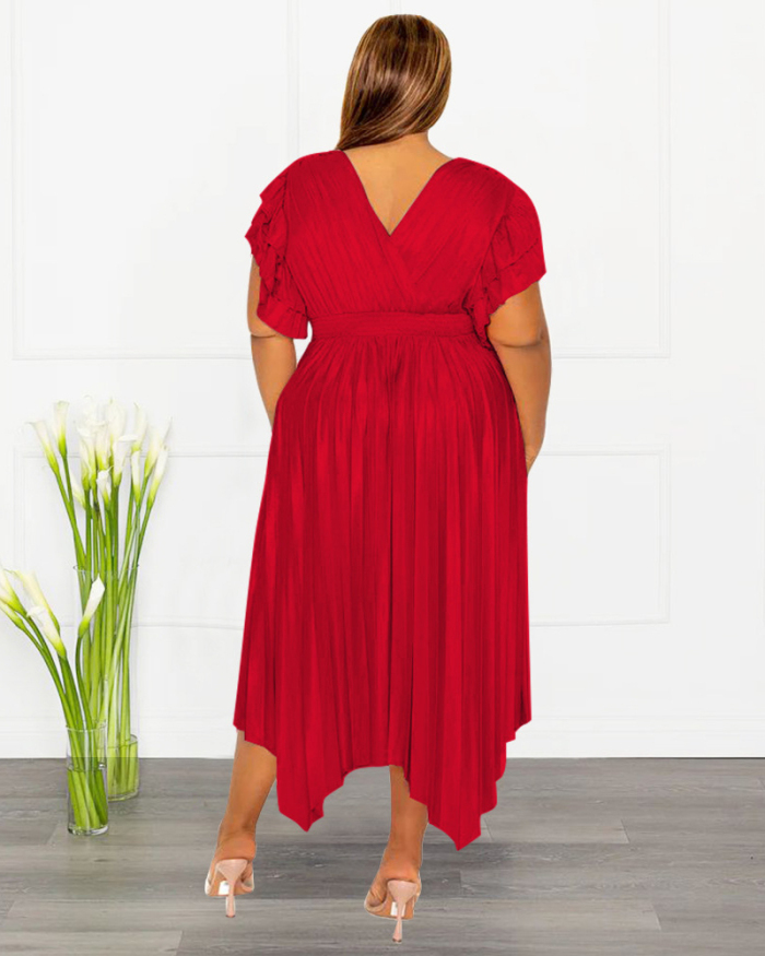 Summer V-neck Ruched Short Sleeve Imitation Silk Women Plus Size Dresses Pink Red Black Blue L-4XL