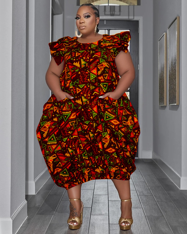 Women Short Puff Sleeve Pocket Printed Plus Size Dresses Blue Red L-4XL