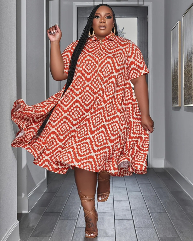 Women Lapel Short Sleeve Printed Plus Size Dresses Yellow Red L-4XL