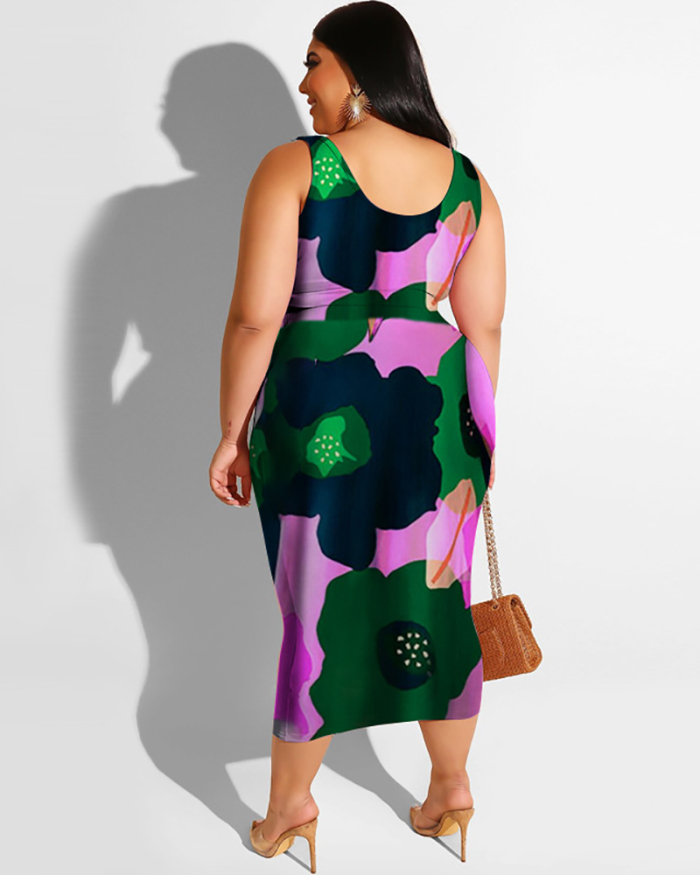 Hot Sale Summer Women Florals Leopard Sleeveless Tie Dye Casual Plus Size Dresses L-4XL