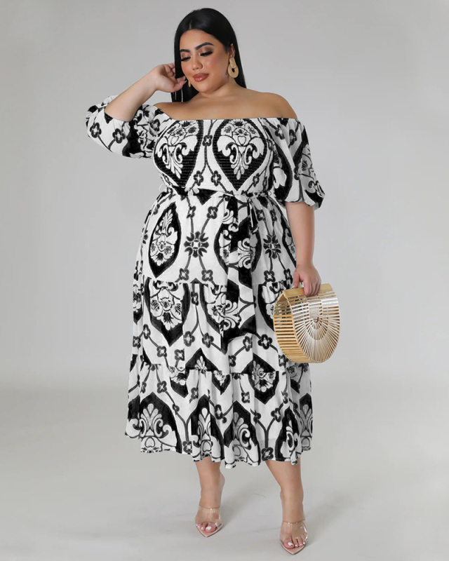 Popular New Summer Women Off Shoulder Boho Printed Plus Size Dresses Green Red Black Blue L-4XL