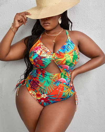 Women Florals Printed V-neck Hollow Out Backless Plus Size Swimwear L-4XL