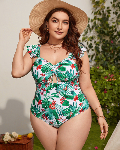 Ruffle Shoulder Sexy Cute Women Florals One Pieces Plus Size Swimwear Green L-4XL