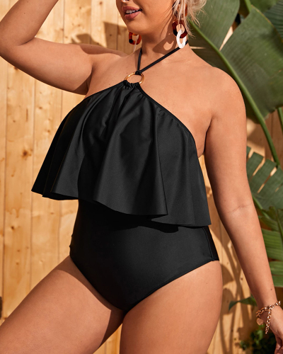 Women Halter Neck Sexy Ruffles High Waist One Piece Plus Size Swimwear Black L-4XL