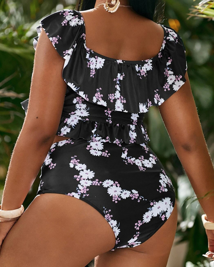 Sexy Cute Women Ruffles Flower Printed Tie Front Plus Size Swimwear Blue Black L-4XL