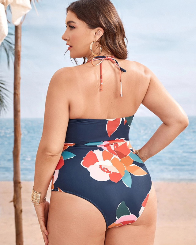 Women Florals Hollow Out High Waist Plus Size Swimsuit Colorful L-4XL