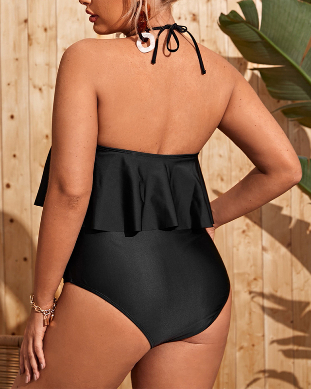 Women Halter Neck Sexy Ruffles High Waist One Piece Plus Size Swimwear Black L-4XL