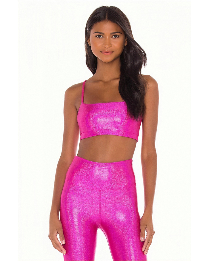 Summer New Women Glossy Bright Color Breathable Elastic Tight Yoga Gym Set Rosy Two-piece Suits S-XL