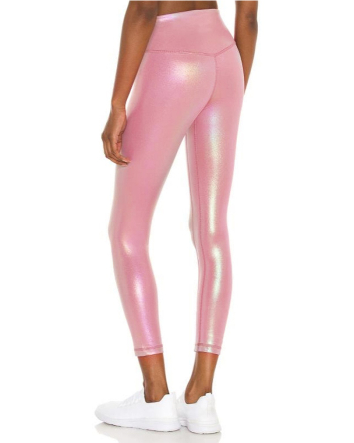 Women Glossy Bright Color High Elastic Sports Workout Two Piece Pants Sets White Pink S-XL
