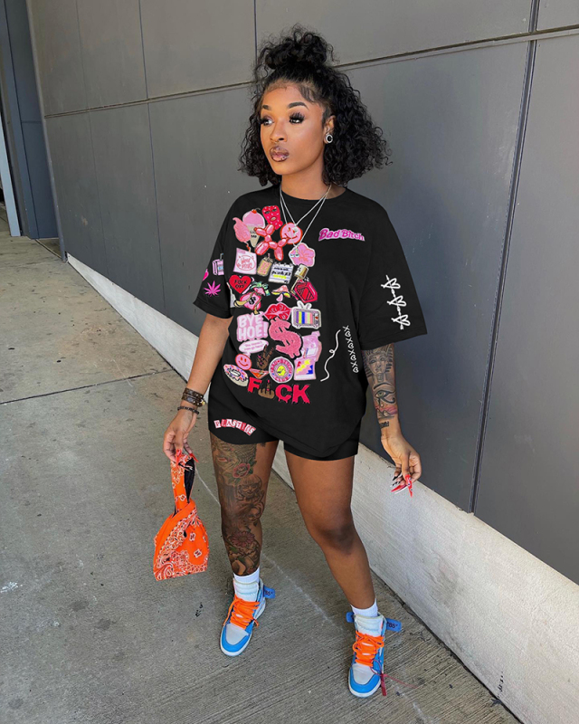 Cartoon Printed Women Short Sleeve Two Piece Set S-XXL