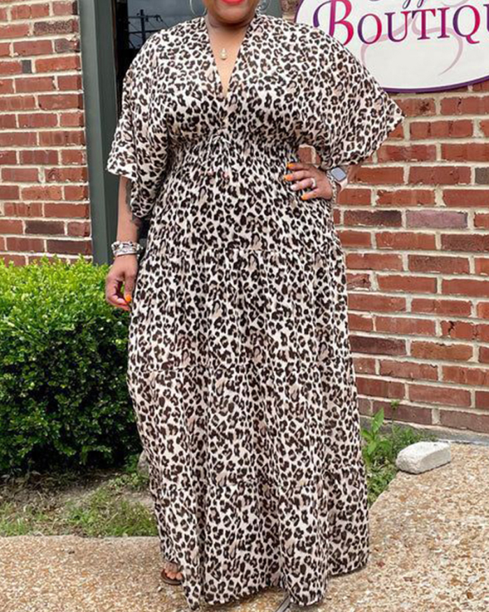 Women V Neck Wide Sleeve Leopard Fashion Plus Size Dresses L-5XL