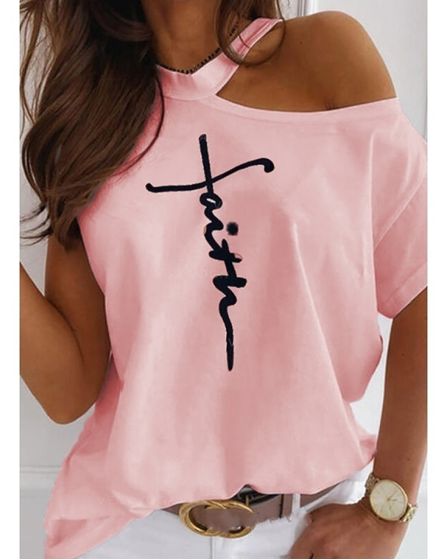 Women Hollow Out Shoulder Sexy Short Sleeve Plus Size Top Black Pink White Sky Blue Apricot S-5XL