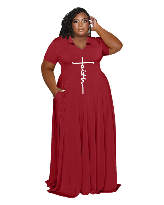 Popular Printed Women V-neck Short Sleeve Maxi Dress Plus Size Dresses White Pink Black Blue Rosy Red M-5XL