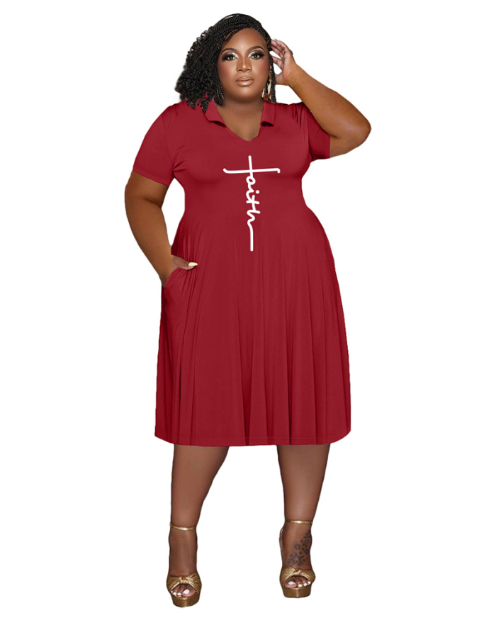 Women Hot Sale Printed Short Sleeve Lapel Mid Dress Plus Size Dresses White Pink Black Blue Rosy Red XL-5XL