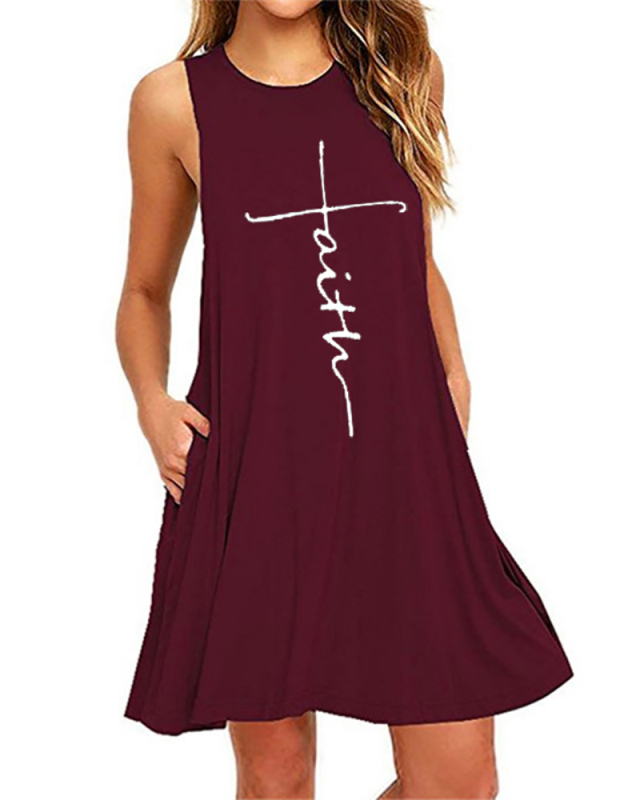 Women Hot Sale Sleeveless Printed Pocket A-line Plus Size Dresses White Wine Red Navy Blue Black Blue Army Green S-6XL