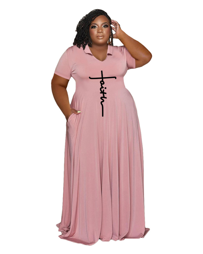 Popular Printed Women V-neck Short Sleeve Maxi Dress Plus Size Dresses White Pink Black Blue Rosy Red M-5XL